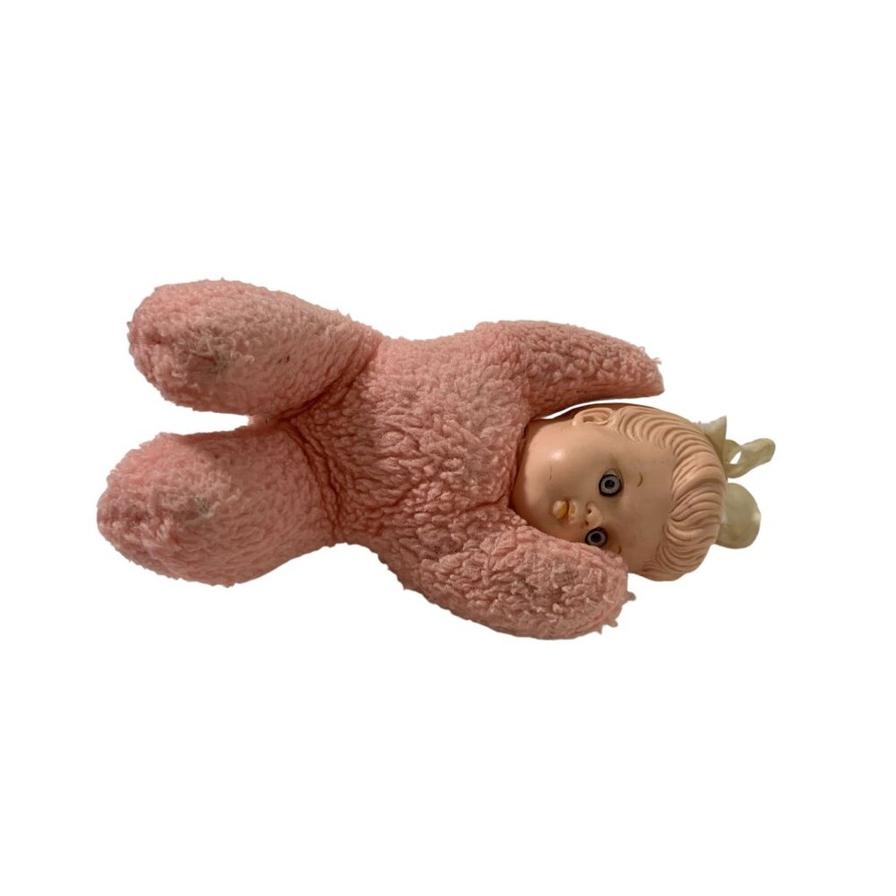 1950s Vintage Cuddle Doll Pink Plush Stuffed ANimal Doll Toy Bantam Plastic Face